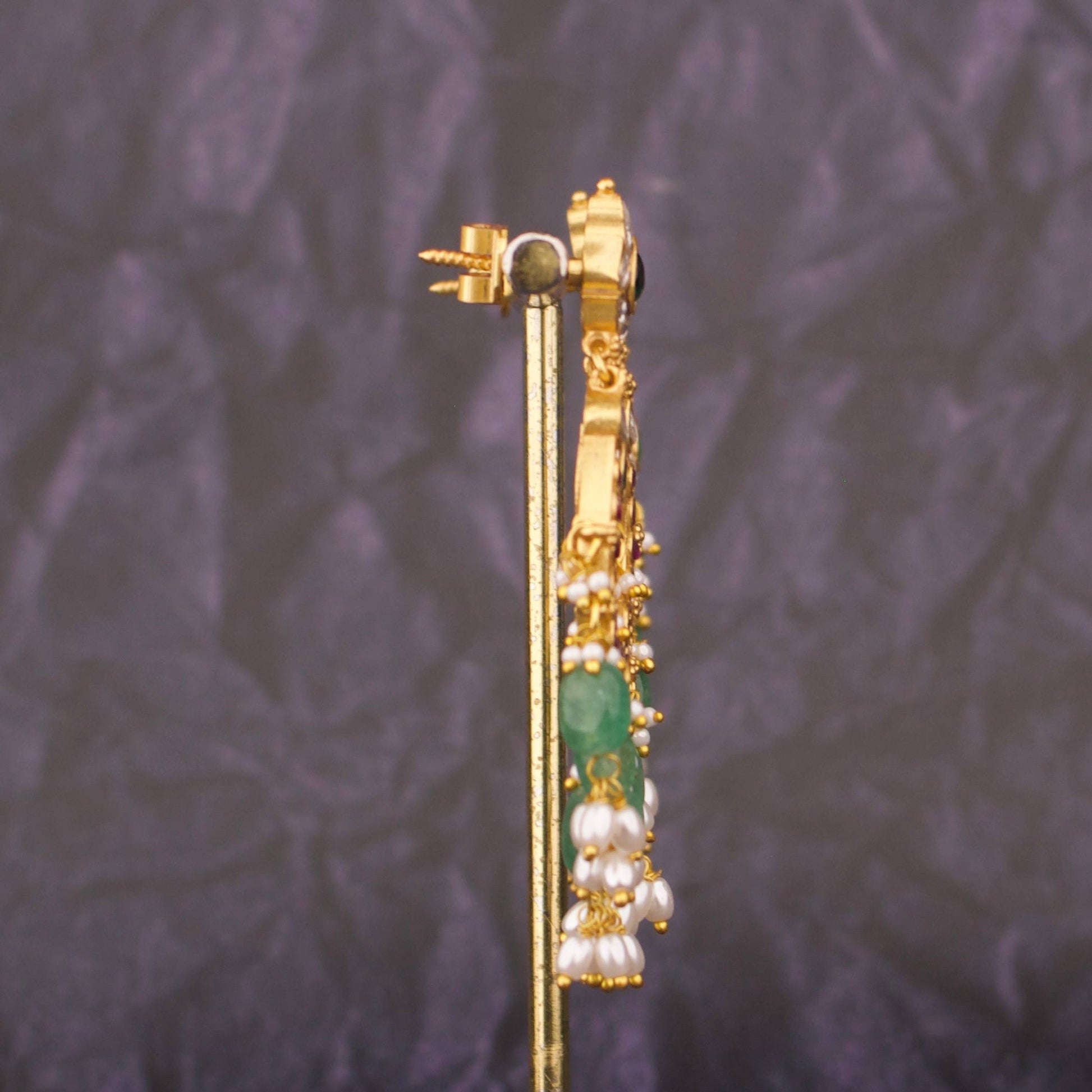 Bridal Chandbali Earrings With Multi-Layer Pearls And Emerald Drops - Alternate View 1