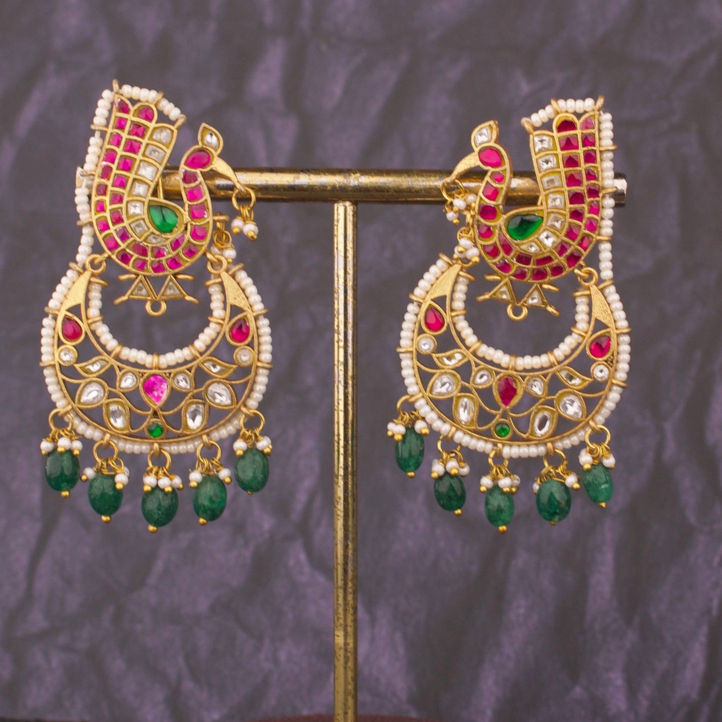 Regal Peacock Studded Jadau Kundan Chandbali Earrings