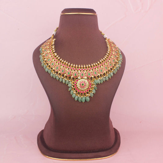 Unqiue Sleek Floral Design Jadau Kundan Necklace With Green Beads As Hangings - Premium Indian Ethnic Jewelry | Dulhan Jewels