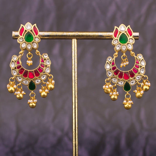 Floral Studded Jadau Kundan Chandbali Earrings With Hangings