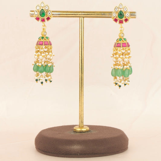 Refined Floral Studded Jadau Kundan Jhumki With Beads Hanging