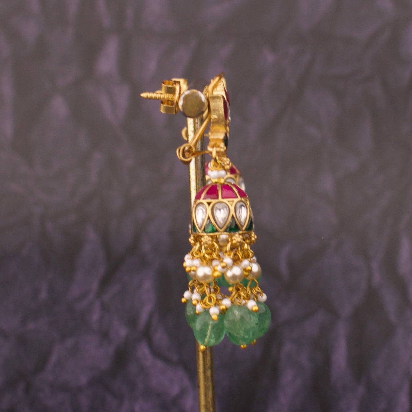 Lotus Design Jadau Kundan Jhumka With Pearls And Beads Hanging