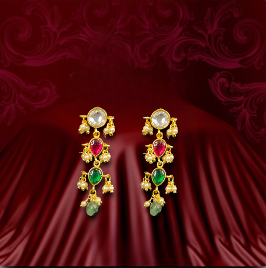 Beautiful Jadau kundan hanging earrings in tricolour
