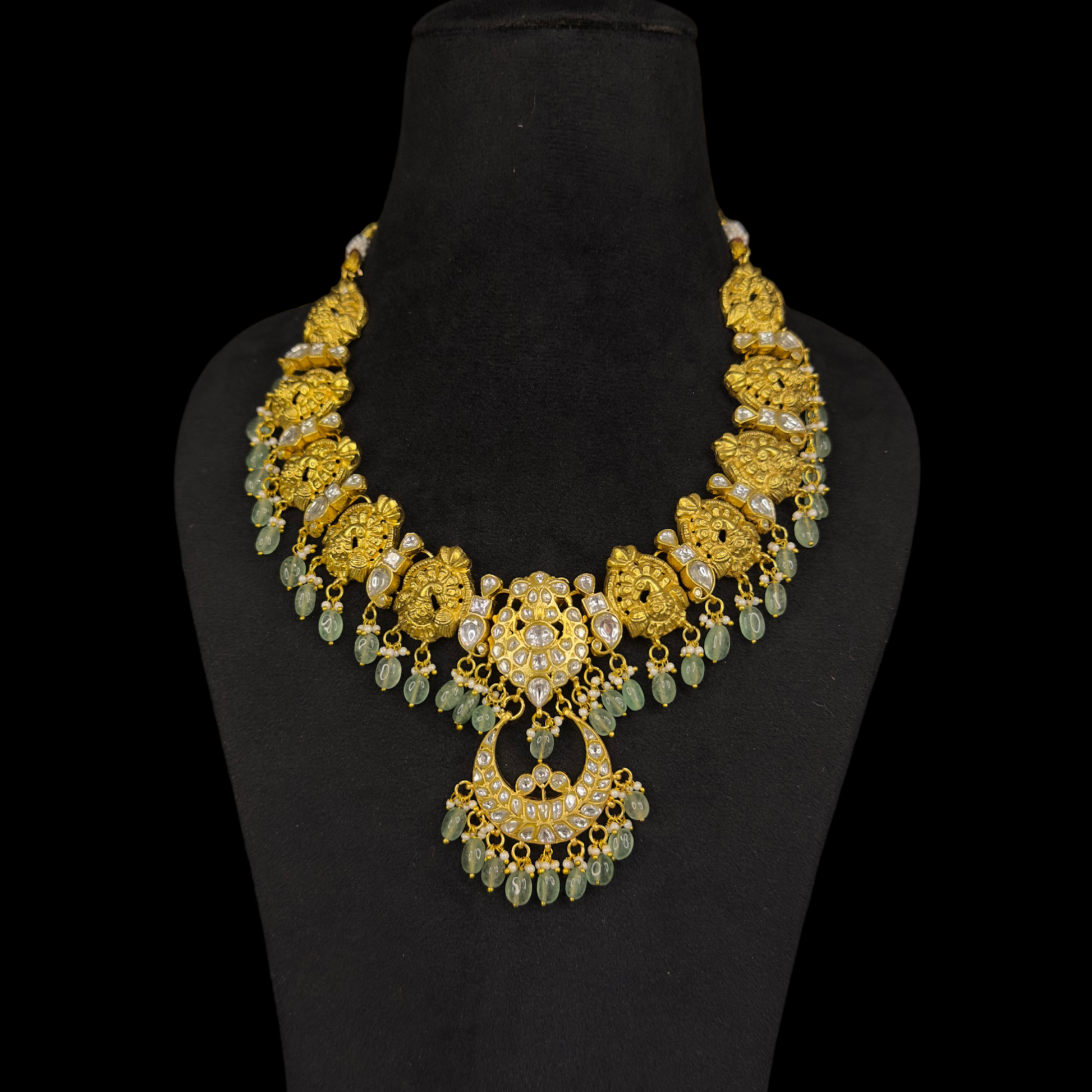 Ornate Peacock Jadau Kundan Necklace with Green Bead Accents with 22k gold plating This Product Belongs to Jadau Kundan Jewellery Category