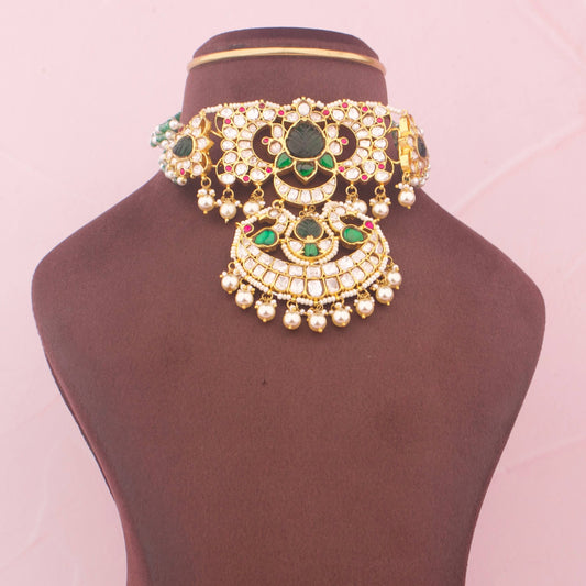 Bridal Moissanite Polki Choker With Pearl Drops