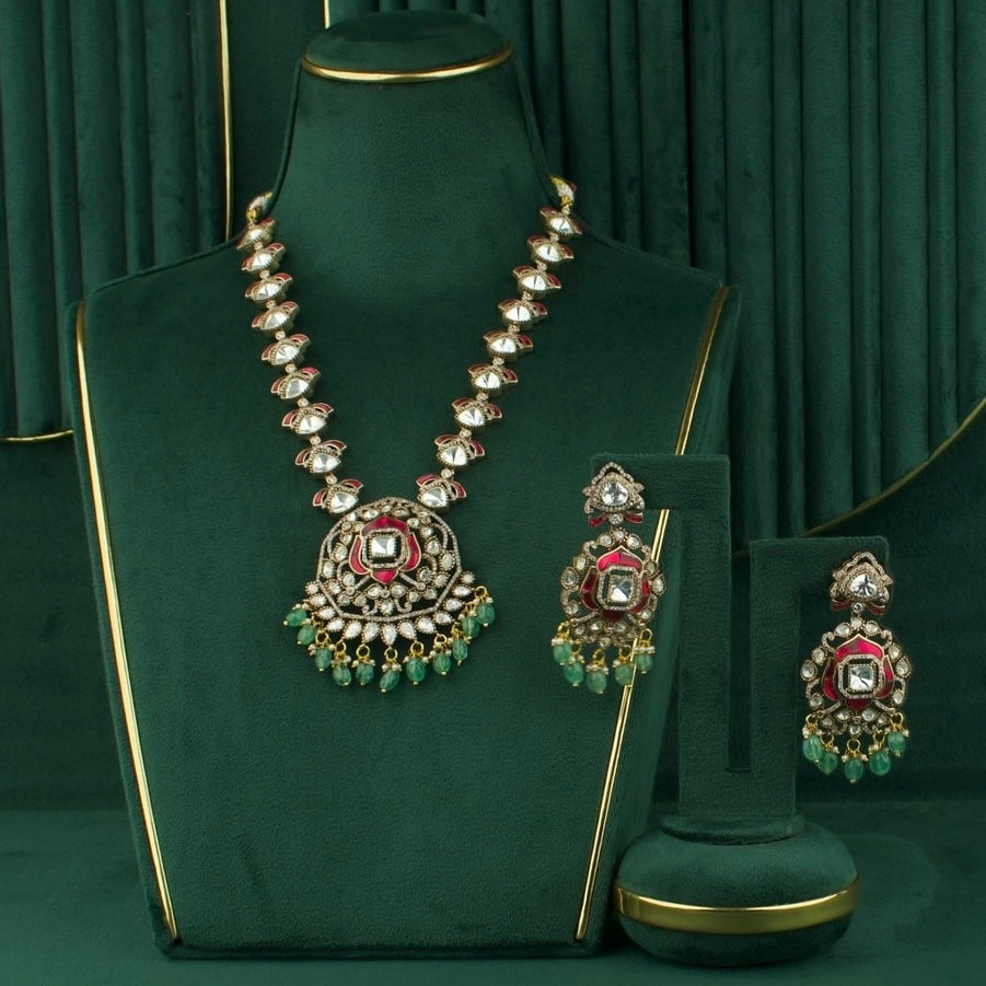 Fusion Polki Kundan Necklace With Earrings