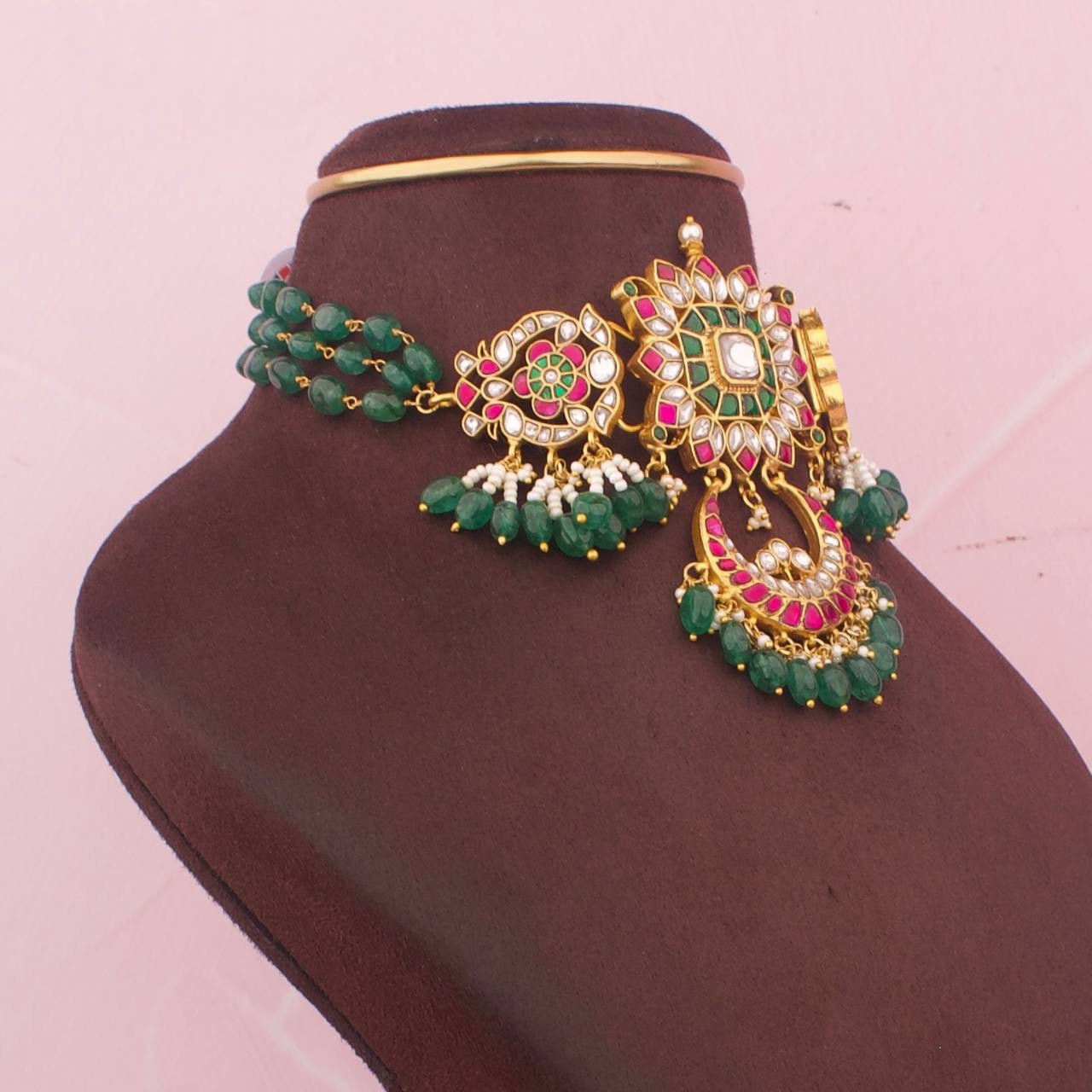 Regal Bridal Kundan Choker with Pearl & Emerald Drops