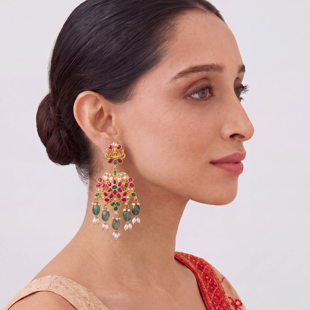 Antique Temple Laxmi Devi Jadau Kundan Earrings With Green Beads And Rice Pearls