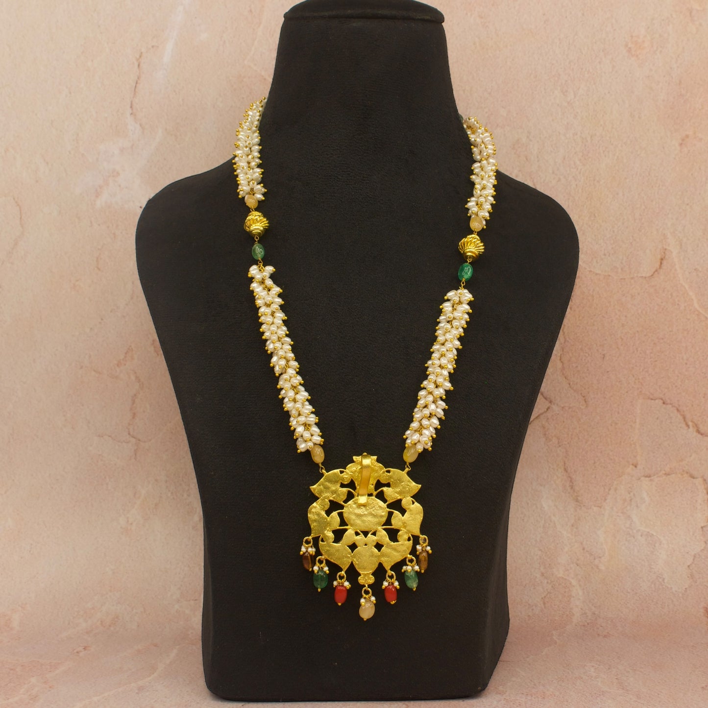 Navratna locket pearl chain necklace