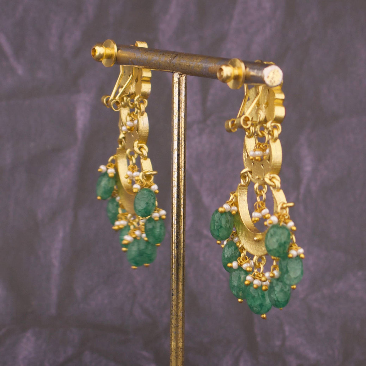 Gold Finish Jadau Kundan Chandbali Earrings With Emerald Drops