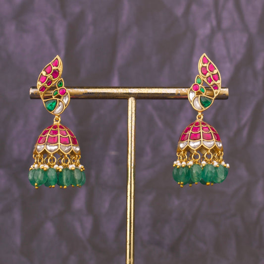 Stylish Jadau Kundan Jhumka Earrings With Green Drops