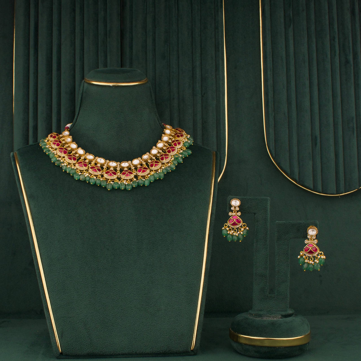 Ruby Victorian Polki Necklace Set with Matching Earrings - Handcrafted Indian Bridal Jewelry by Dulhan Jewels
