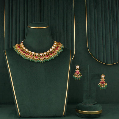Ruby Victorian Polki Necklace Set with Matching Earrings - Handcrafted Indian Bridal Jewelry by Dulhan Jewels