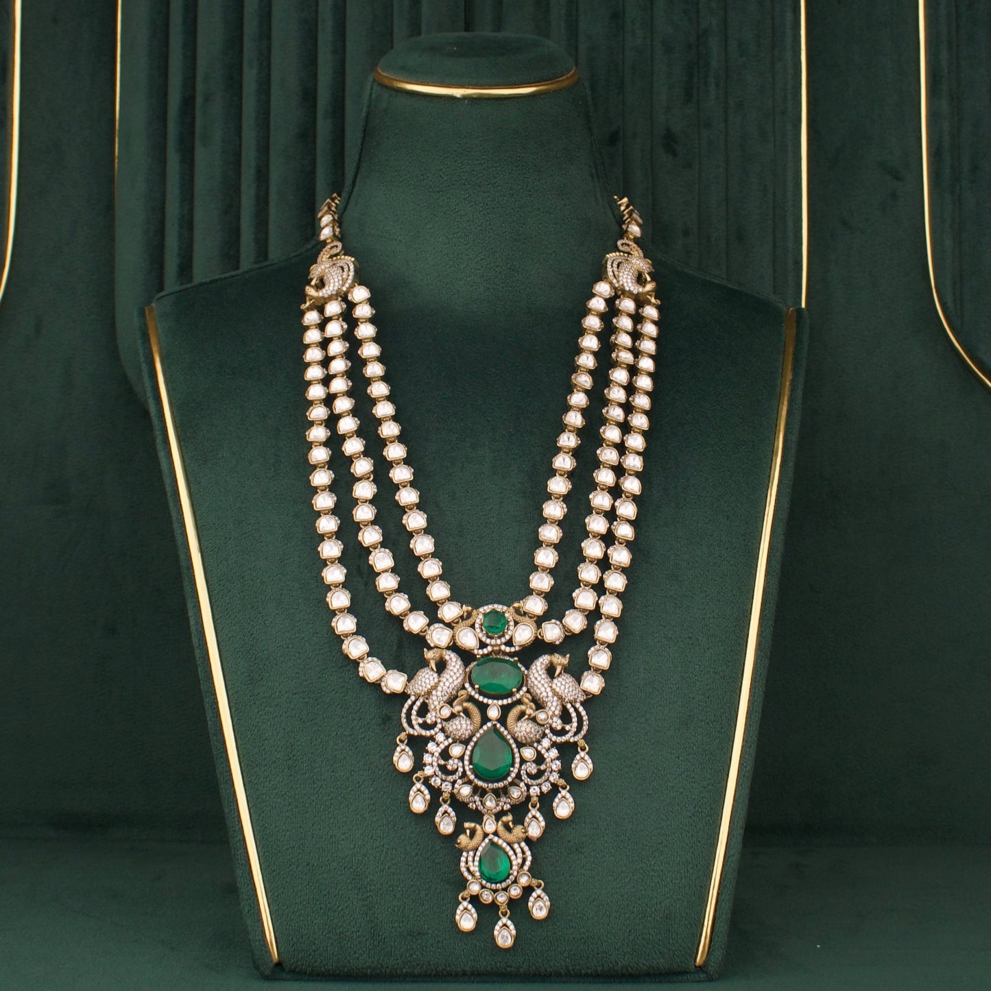 Designer Triple Layer Victorian Polki Necklace With Earrings