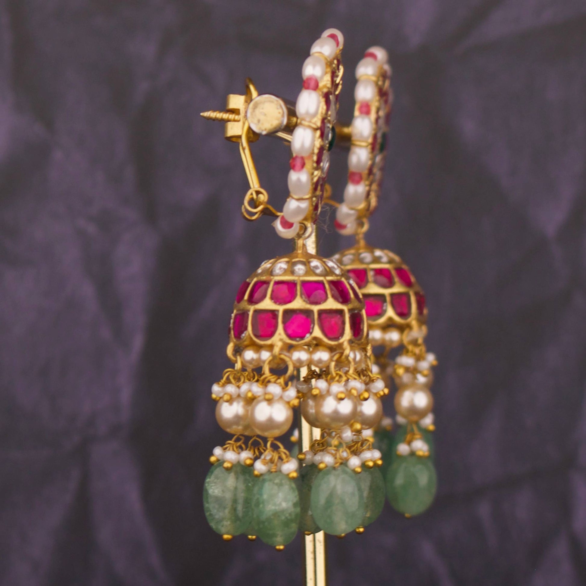 Intricate floral Design Studded Jadau Kundan Jhumki with Green beads - Alternate View 1