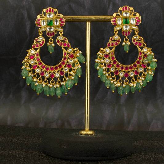 bridal jadau chandbali earrings with red and white stones and green bead fringe
