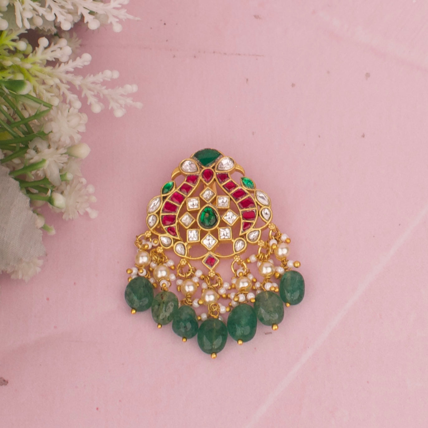 Traditional Jadau Kundan Pendant With Strawberry Beads