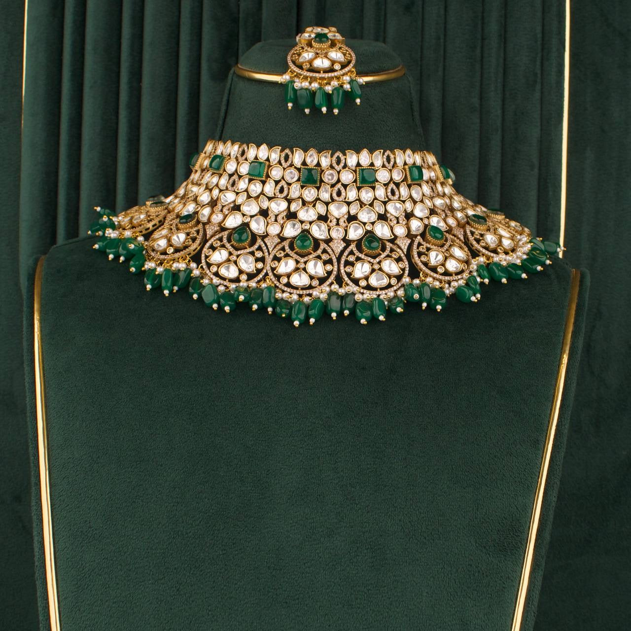 Grand Polki Choker Necklace Set With Matching Earrings & Maangtika