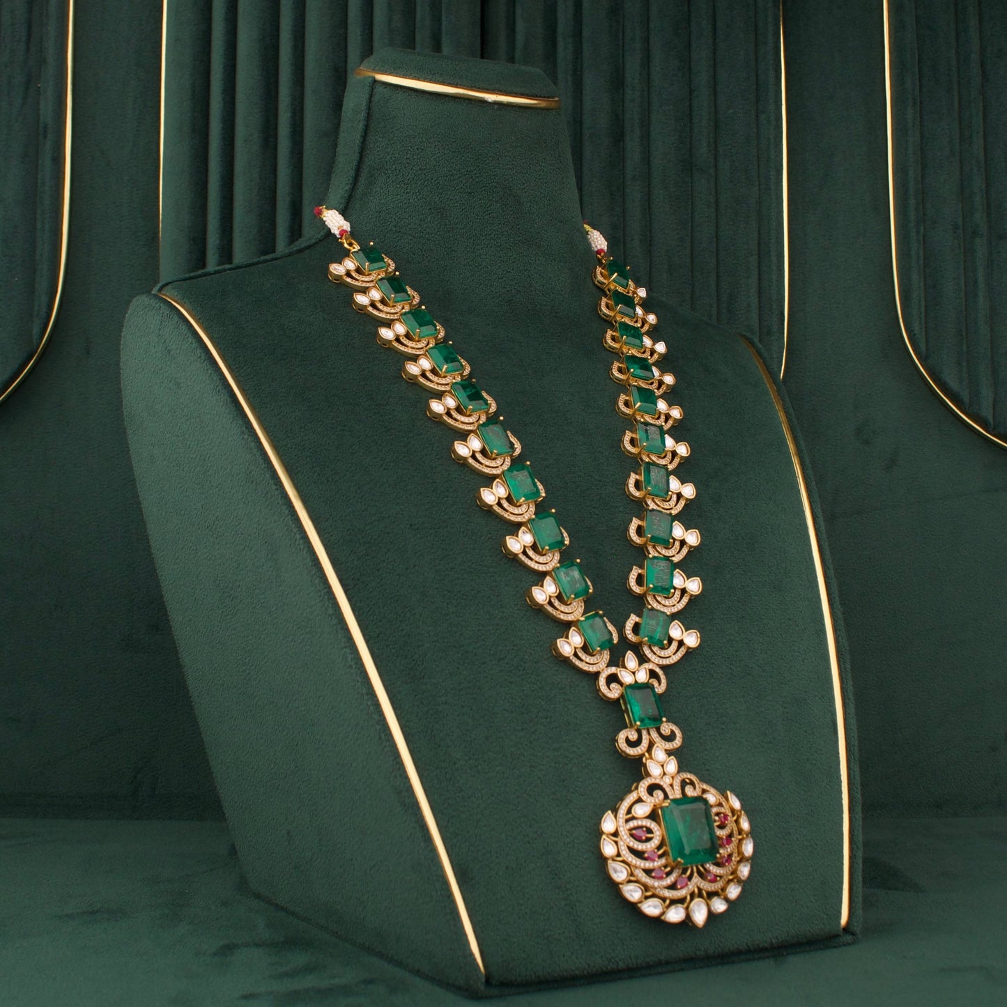 Luxury Long Victorian Necklace Set With Emerald Green Stones And Matching Earrings
