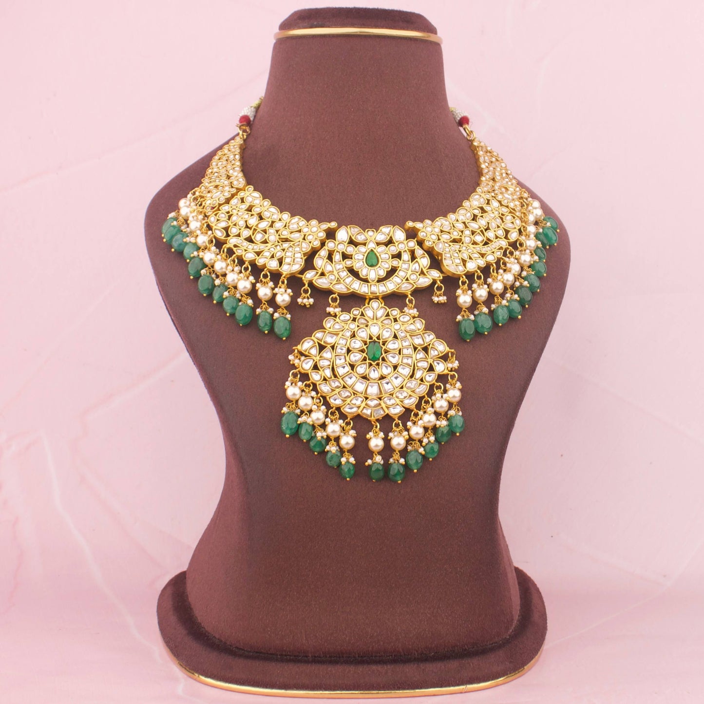 Refined Jadau Kundan Necklace With Emerald Hangings