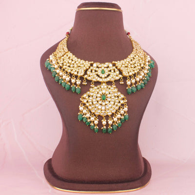 Refined Jadau Kundan Necklace With Emerald Hangings