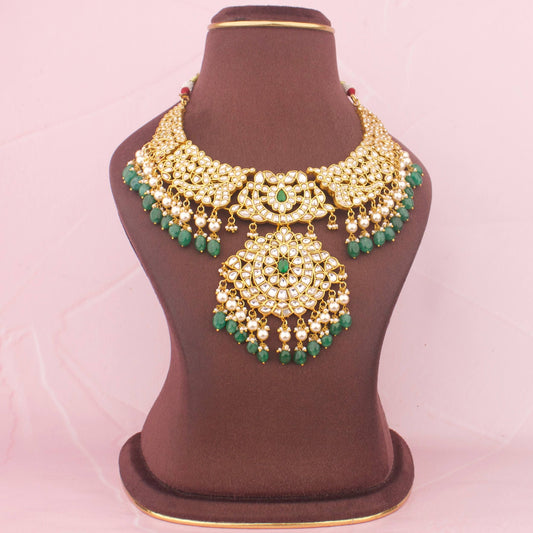 Refined Jadau Kundan Necklace With Emerald Hangings