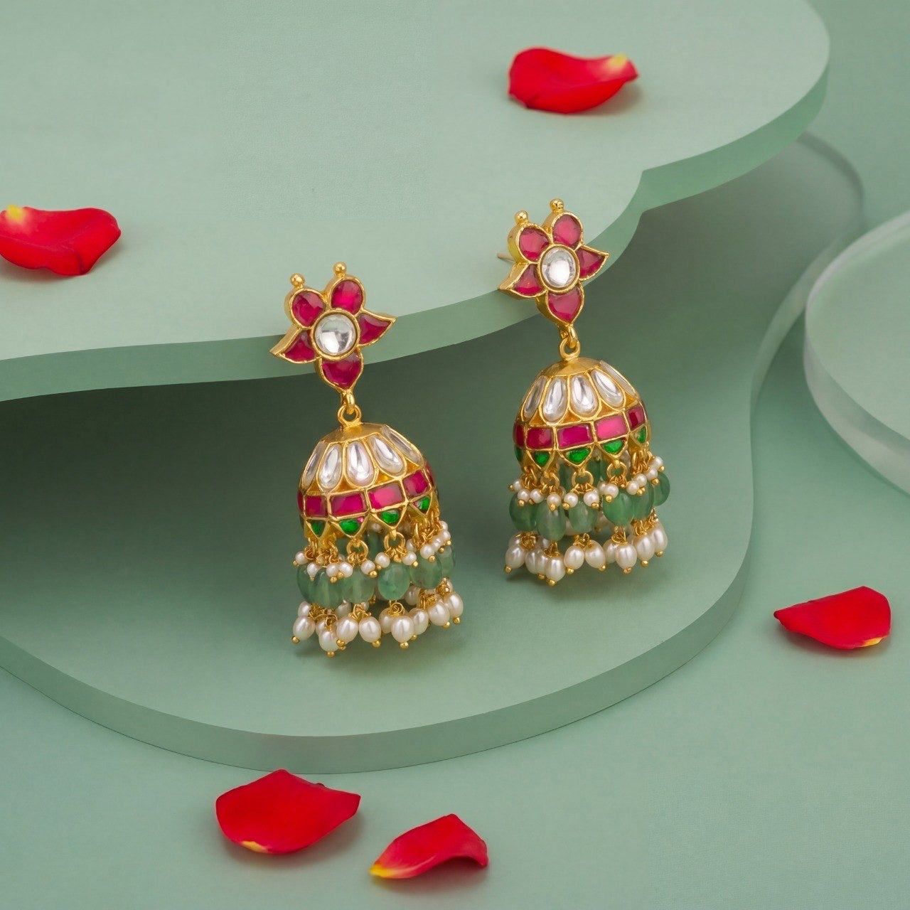 Floral Studded Jadau Kundan Jhumki Earrings With Guttapusalu Hangings