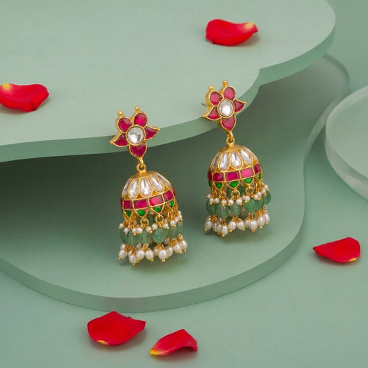 Floral Studded Jadau Kundan Jhumki Earrings With Guttapusalu Hangings