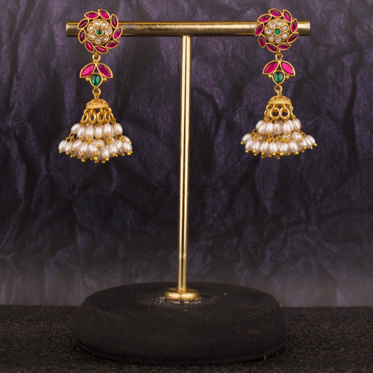 Surya Studded Jadau Kundan Jhumka With Ricepearl Hangings - DULHAN JEWELS
