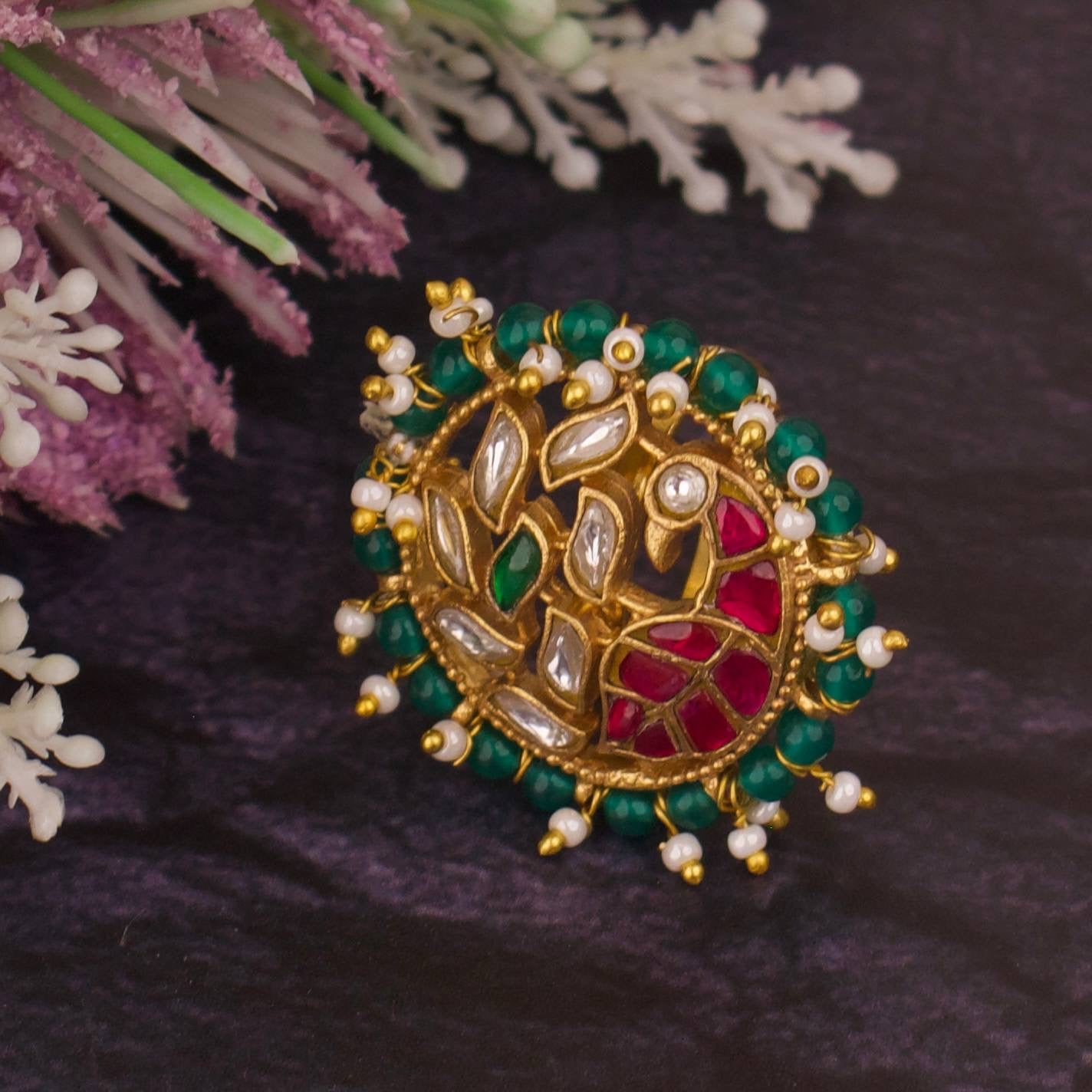 Elegant Peacock Carfted Jadau Kundan Finger Ring