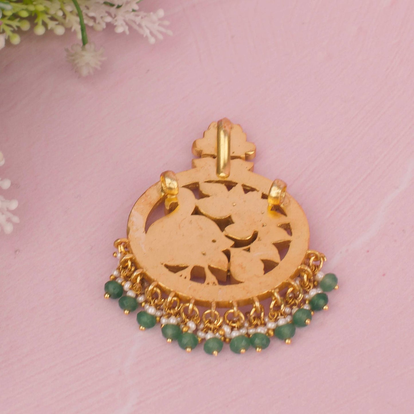 Designer Peacock Pendant With Green Stone Drops
