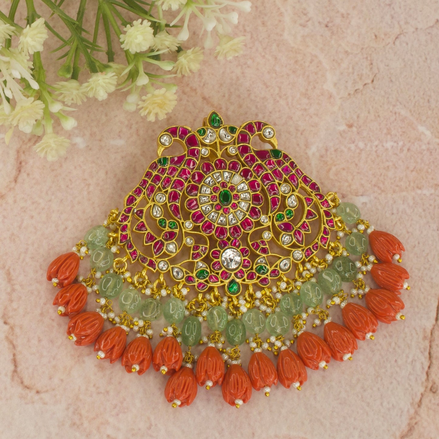 Ornate Floral Ruby and Emerald Jadau Kundan Pendant