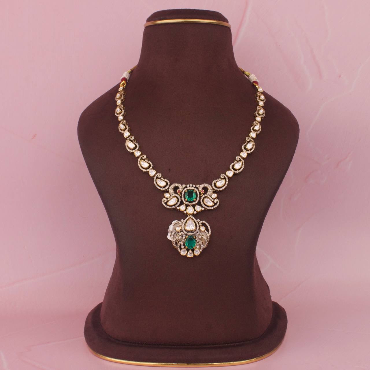 Classic 925 Silver Moissanite Polki Necklace Set With Matching