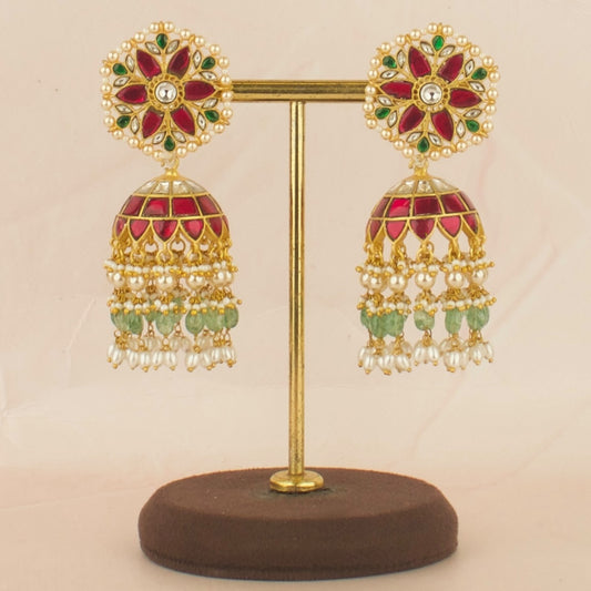 Grand Floral Design Studded Jadau Kundan Jhumki with Beads Hanging