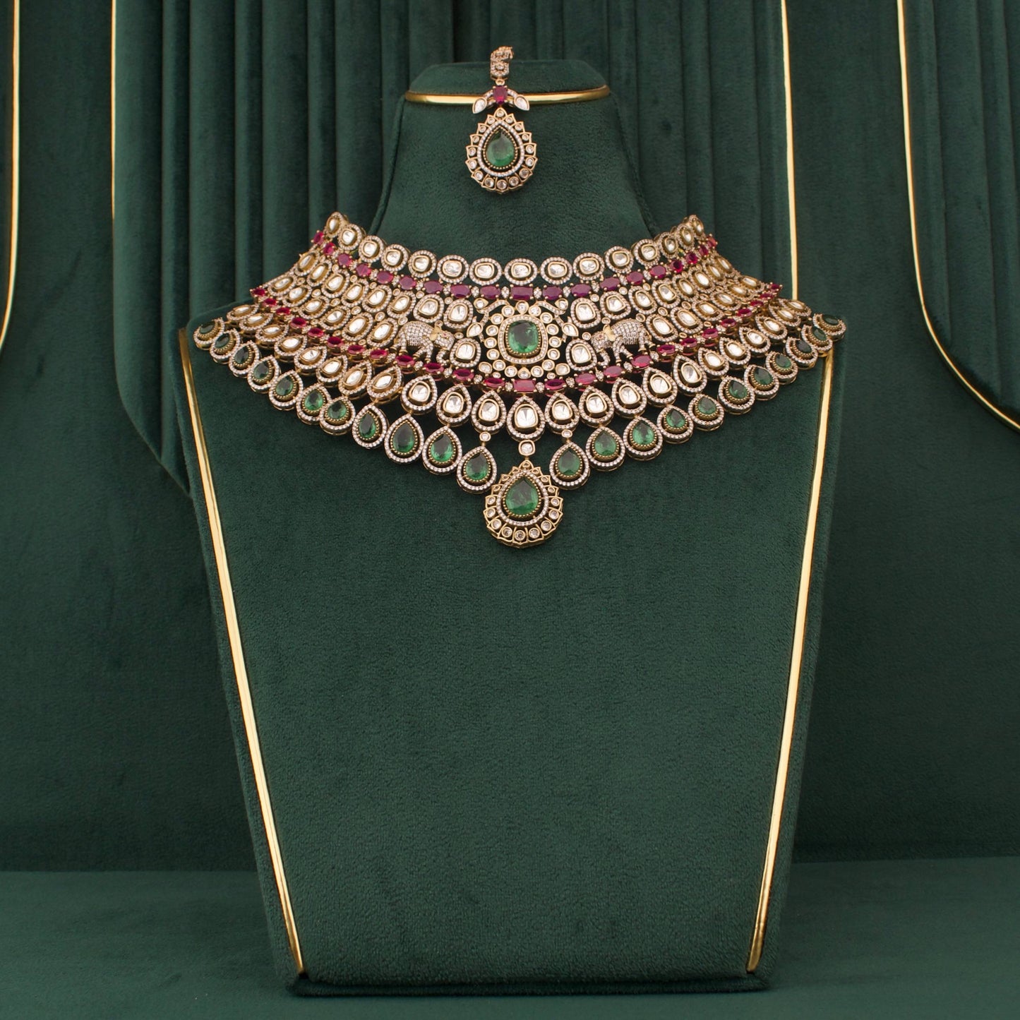 Bridal Victorian Polki Choker Set With Matching Earrings & Maangtika