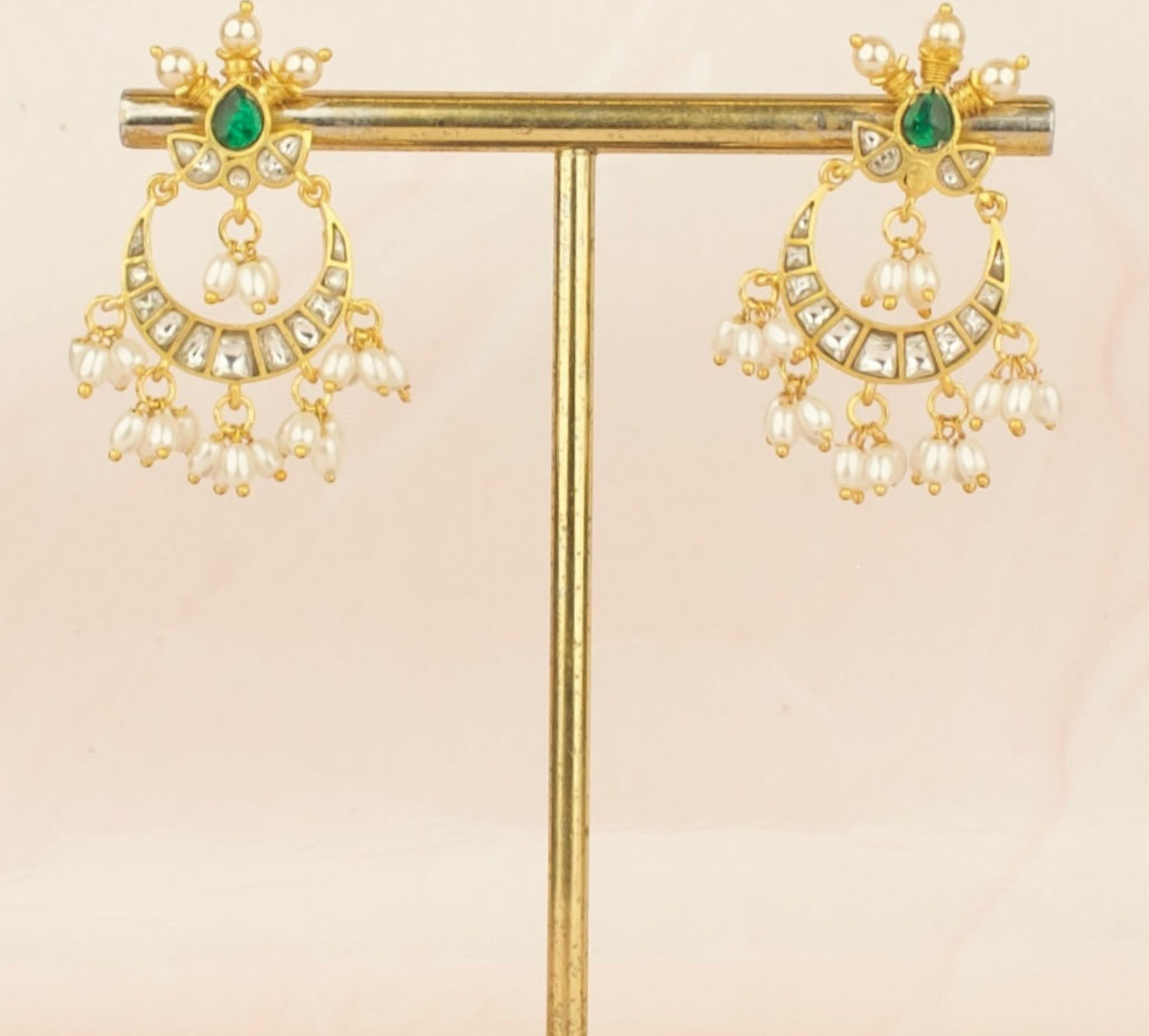 Glorious Lotus Design Jadau Kundan Chandbali with Beads - DULHAN JEWELS