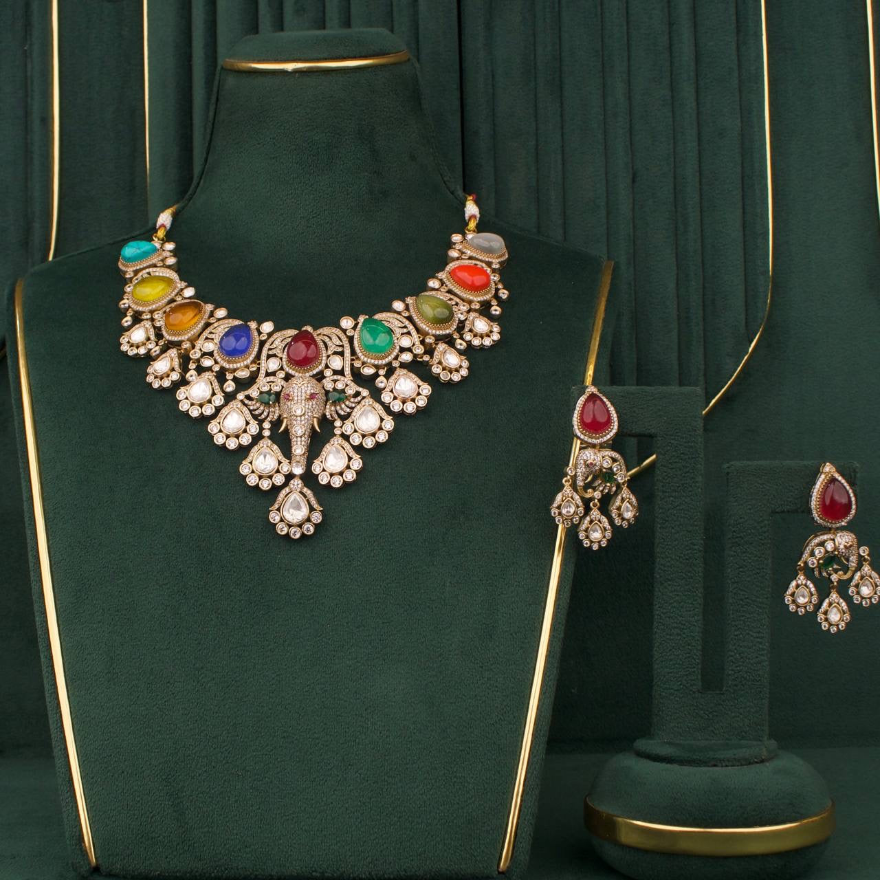 Handcrafted detail view of Bridal Victorian Polki Necklace Set With Matching Earrings