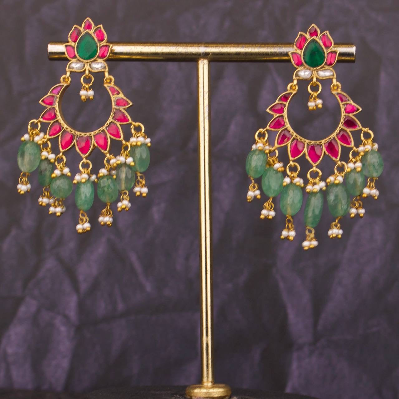 Floral Studded Jadau Kundan Chandbali Hanging Earrings With Pearl & Beads