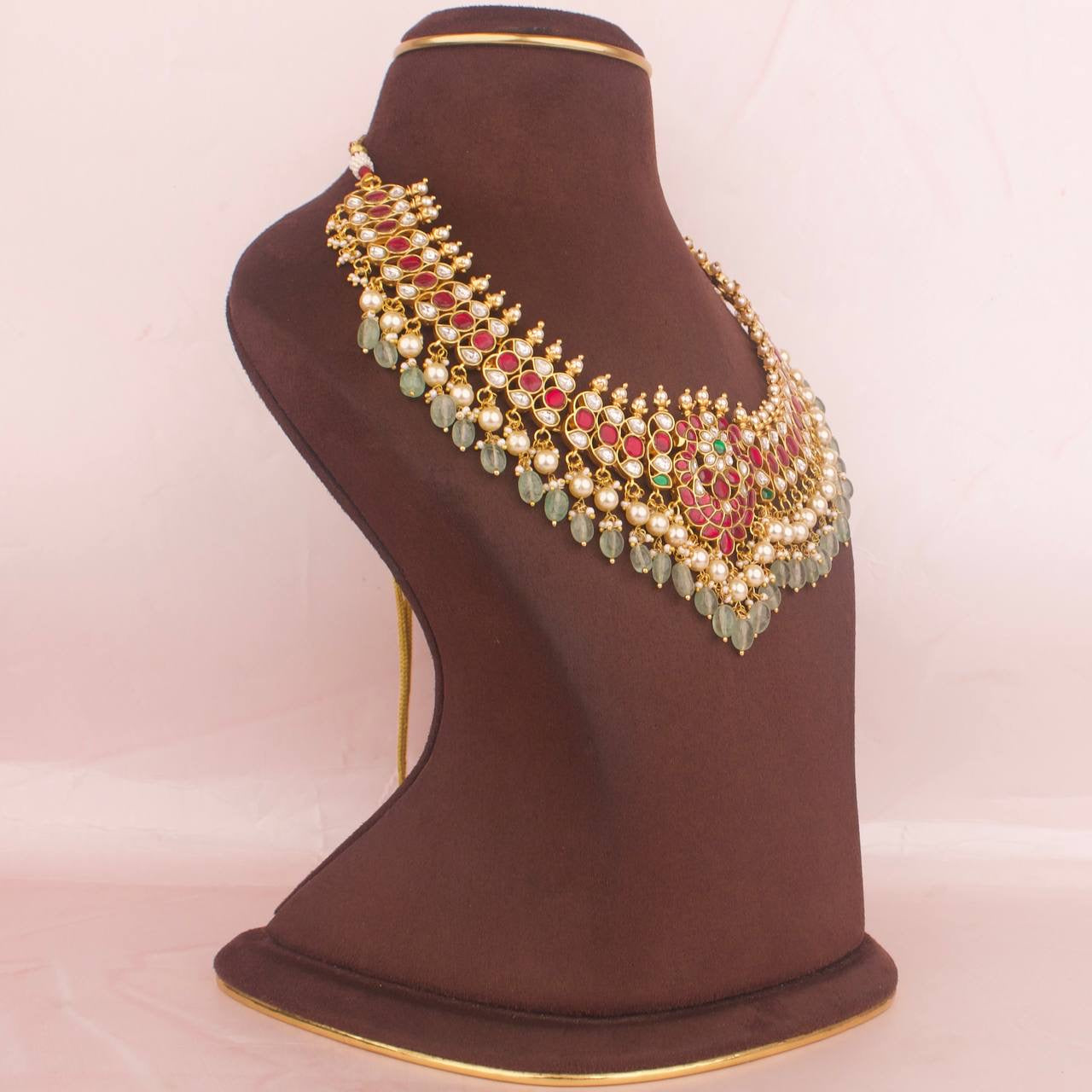 Classic Jadau Kundan Bridal Necklace With Pearl & Beads Hanging