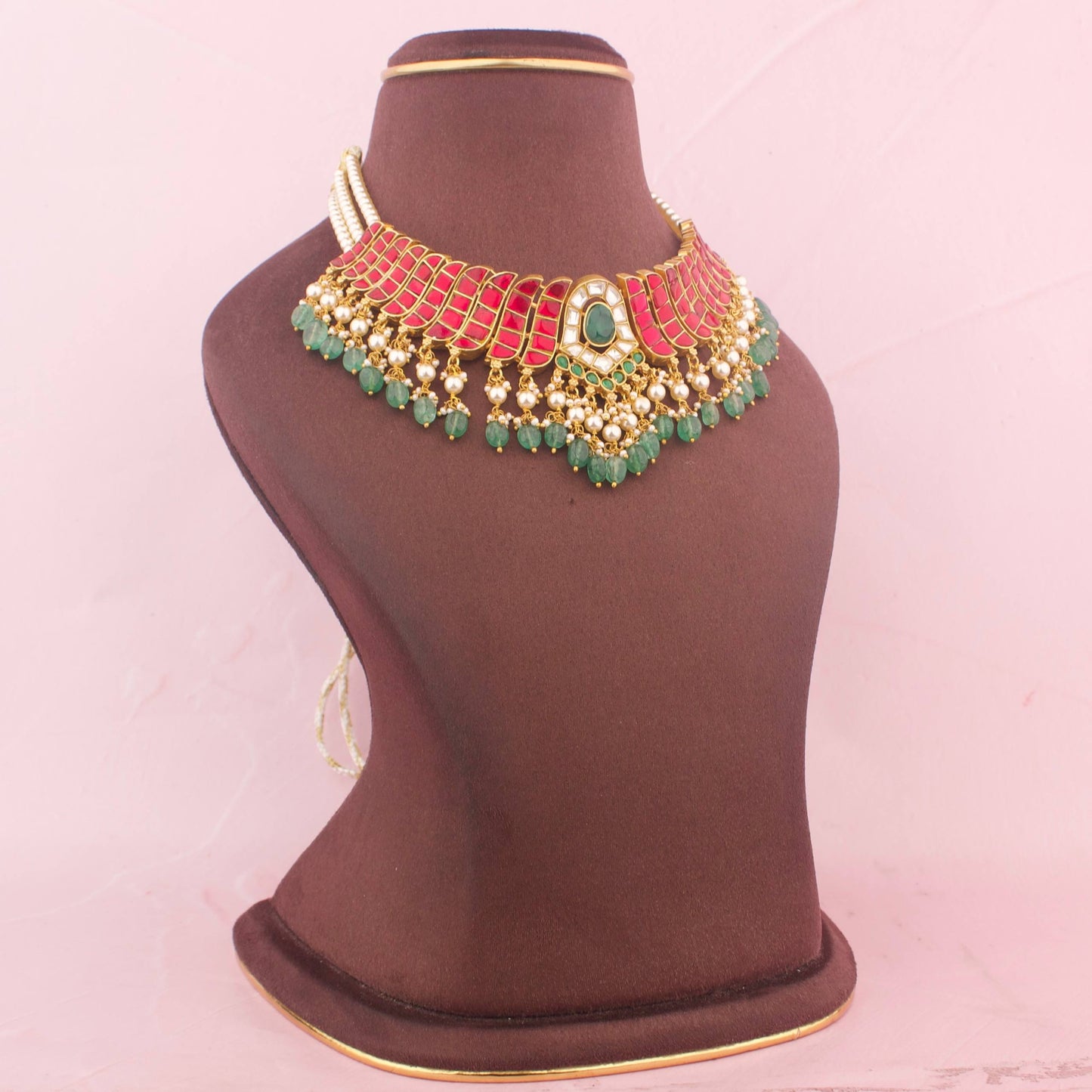 Ethnic Jadau Kundan Necklace Set With Green Beads And Earrings