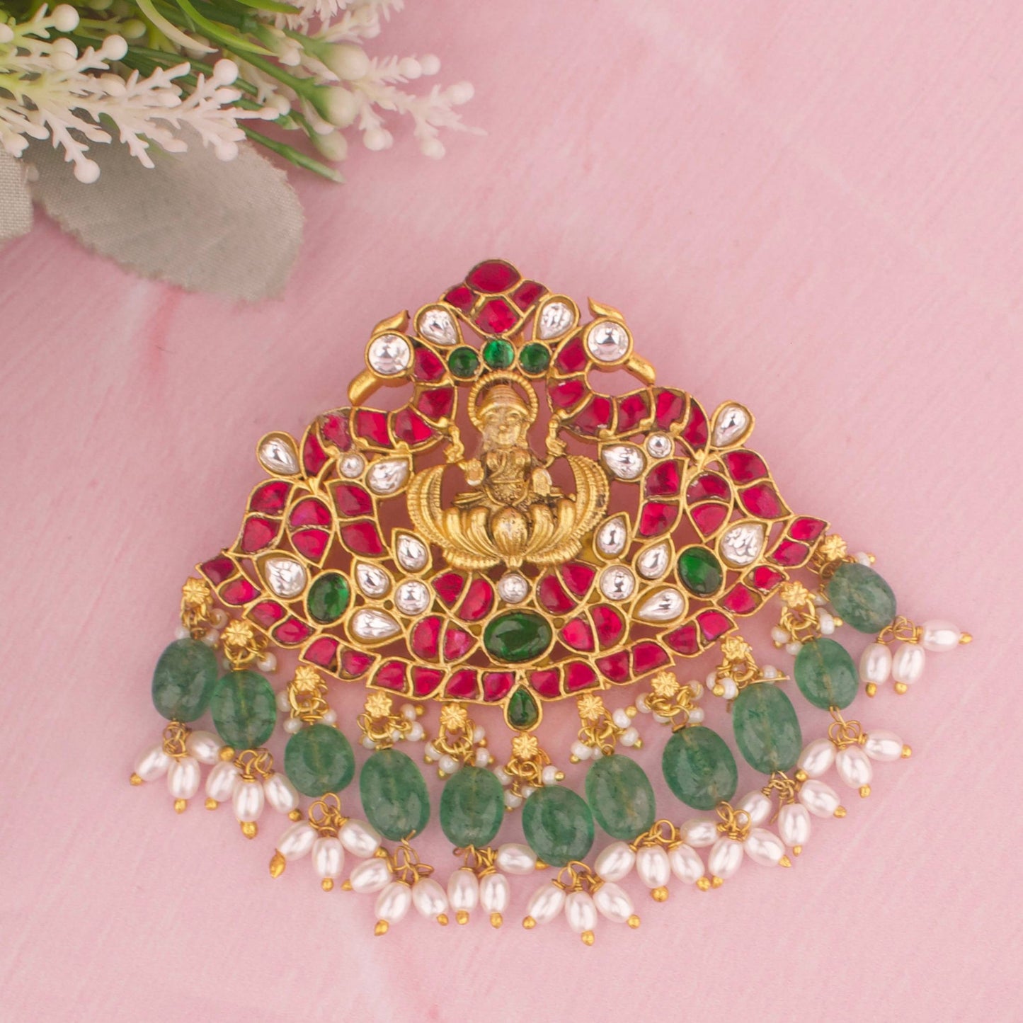 Traditional Jadau Kundan Pendant With Green Hangings