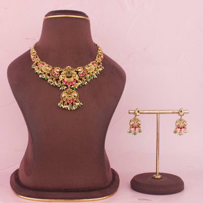 Traditional Peacock Nakshi Jadau Kundan Necklace With Emerald Beads