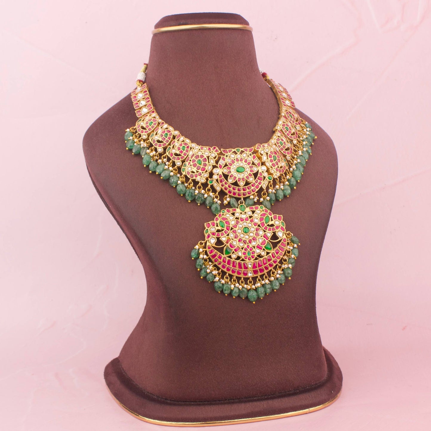 Close-Up Detail View of Bridal Jadau Kundan Detailed Stone Necklace | Dulhan Jewels