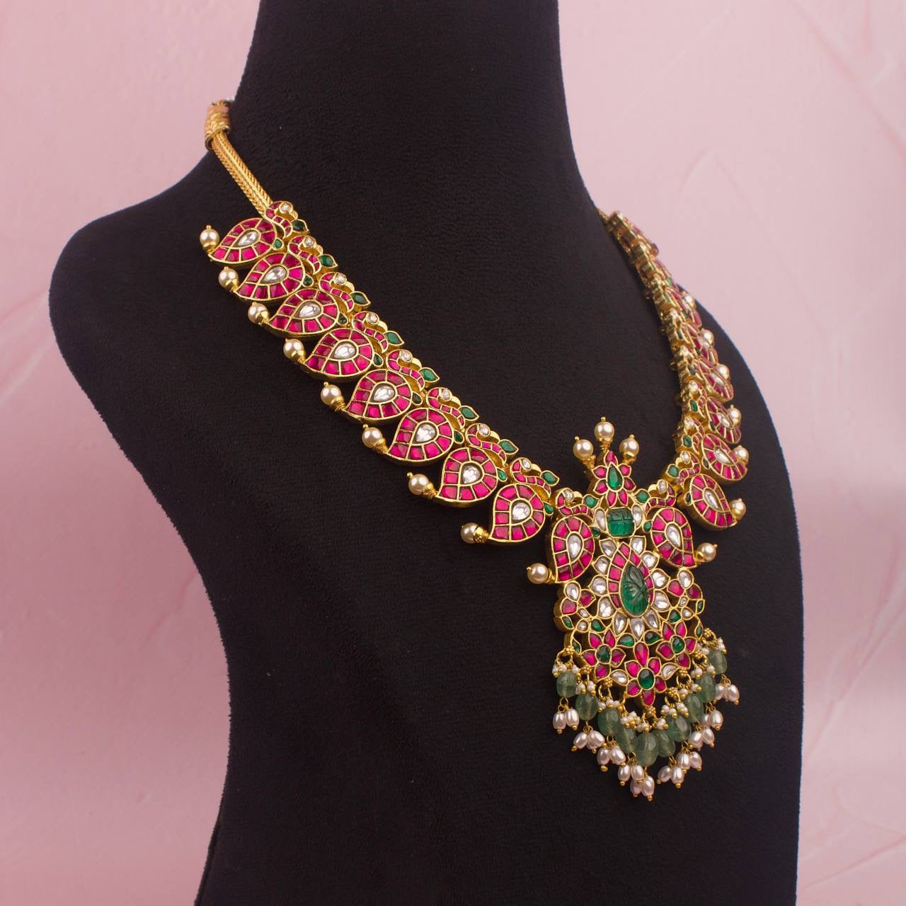 Gold Inspired Jadau Kundan Mango Necklace With Guttapusalu Hangings