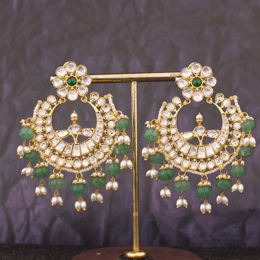 Bridal Polki Chandbali Earrings With Green Beads And Pearl Hangings