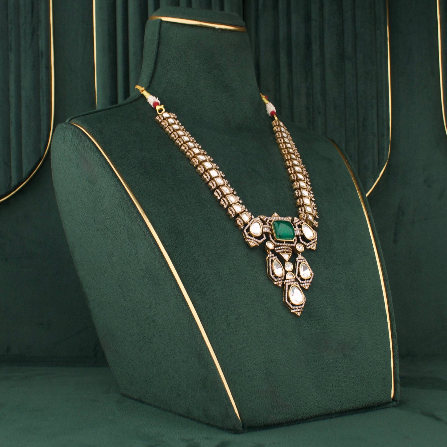 Antique Finish Victorian Polki Necklace Set With Green Stone Pendant And Drop Earrings