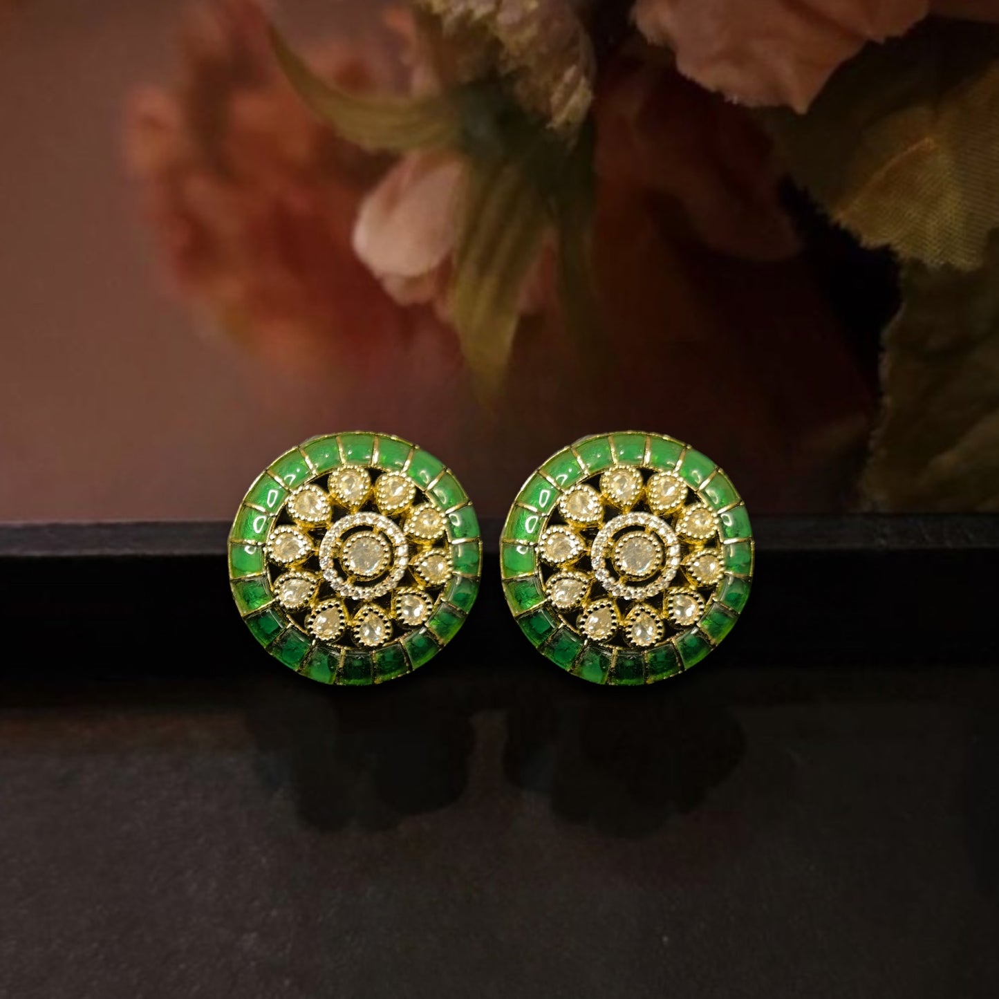 Exclusive uncut polki Victorian Stud earrings. This Victorian Jewellery is available in a Green colour variant. 