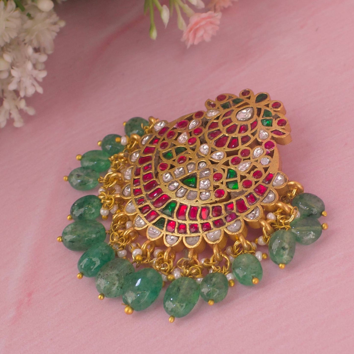 Grand Jadau Kundan Chand Shaped Pendant With Green Beads Hangings