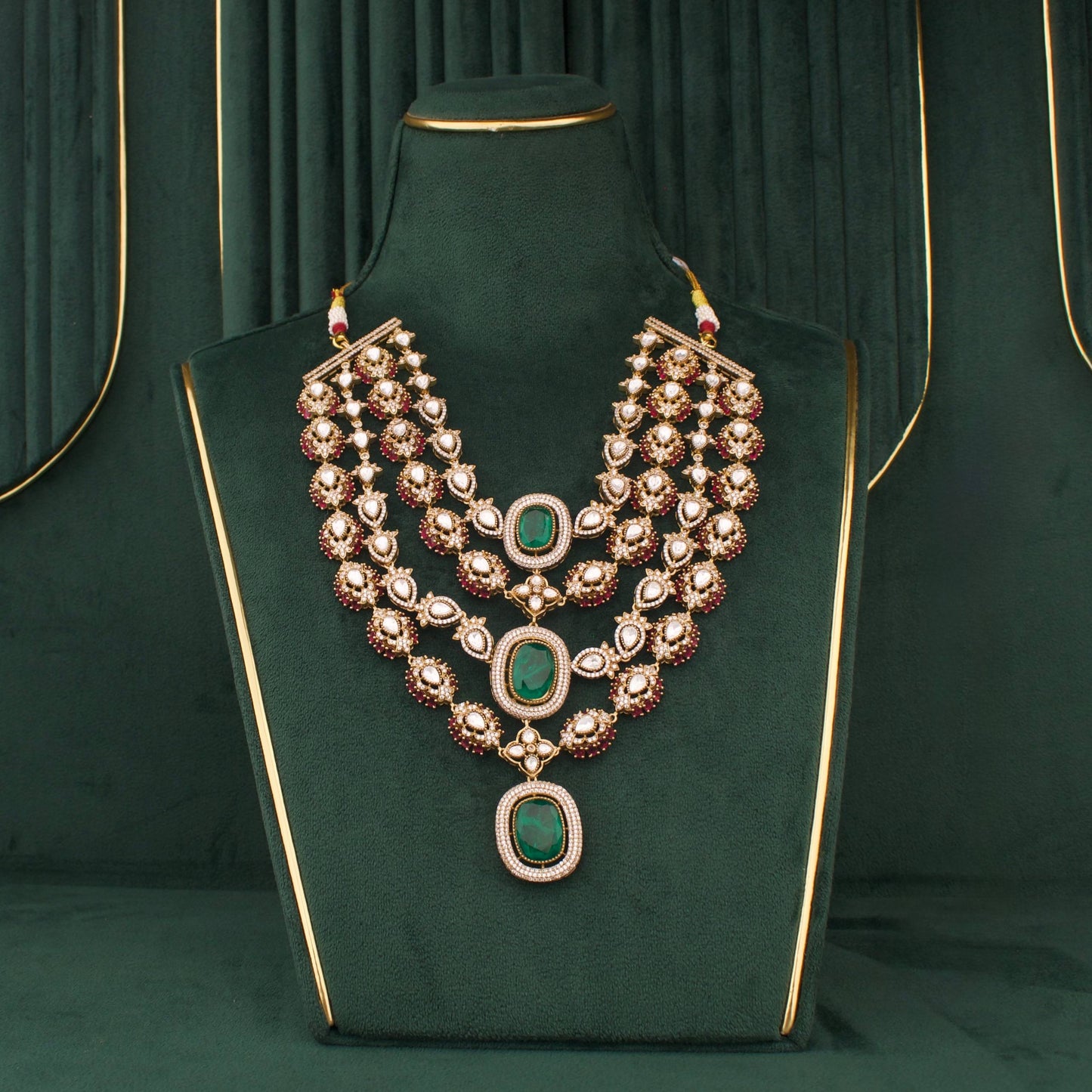 Royal Victorian Layered Polki Necklace Set With Emerald Green Stones And Matching Drop Earrings