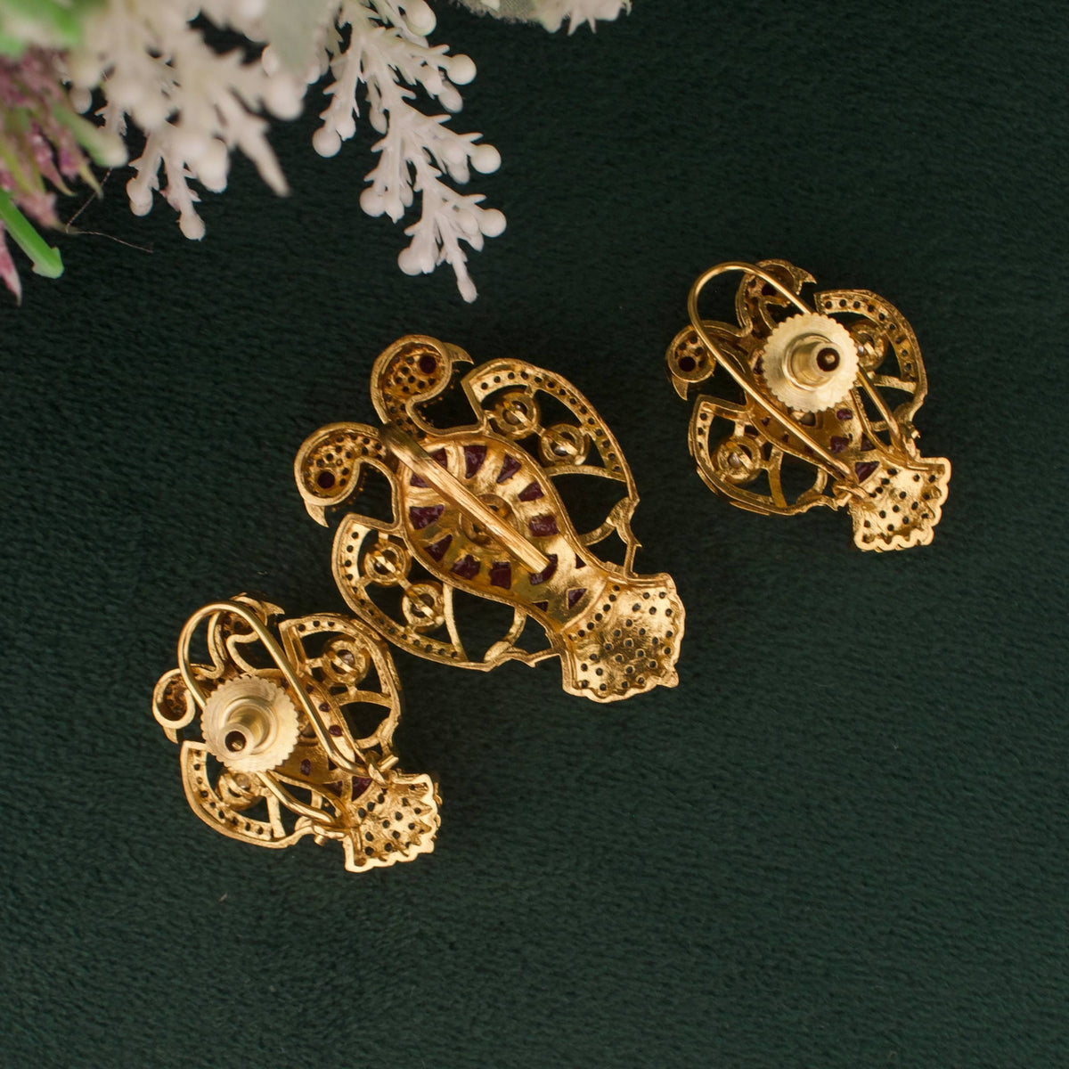 Victorian Polki Ruby Pendant Set With Earrings Styling Angle View 5 - Dulhan Jewels